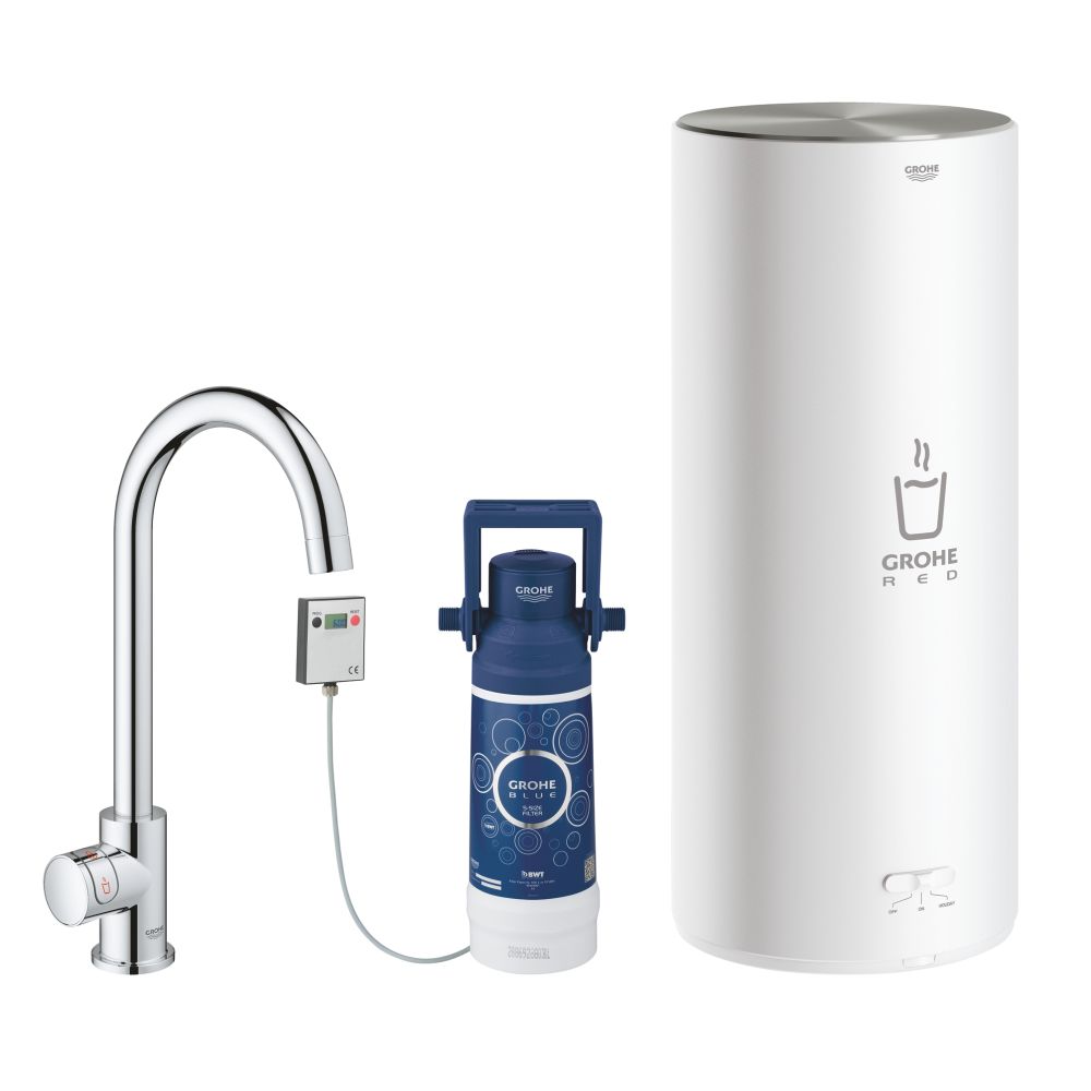 Комплект для кухни GROHE Red Mono с C-образным вентилем, бойлером L-Size и фильтром, хром (30080001)