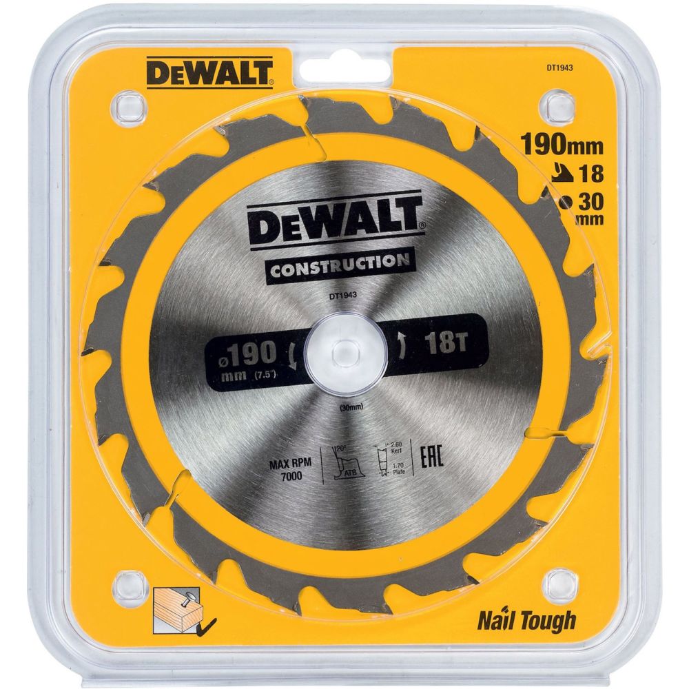 Диск пильный по дереву DEWALT CONSTRUCTION, 190х30х1.7 мм (DT1943-QZ)