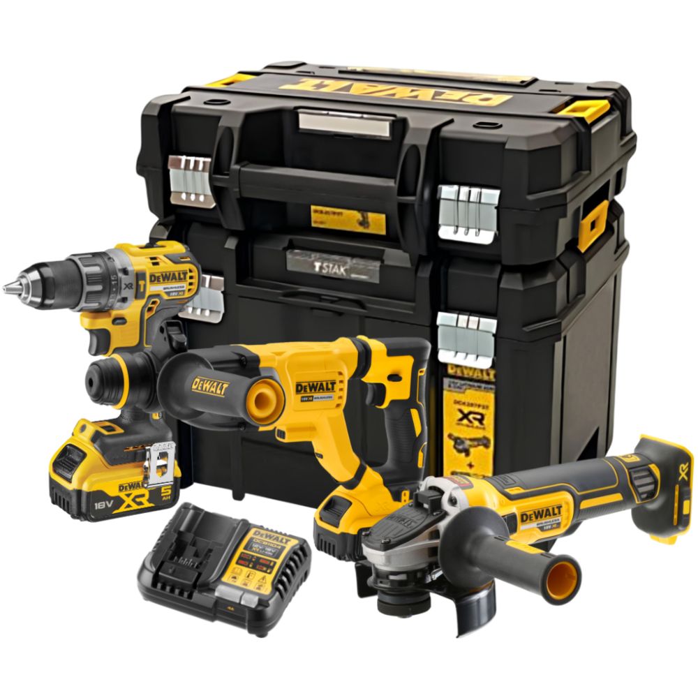 Аккумуляторный набор DEWALT DCK327P2T, 18 В: дрель DCD791 + перфоратор DCH263 + УШМ DCG405, с 2 АКБ 5 Ач и ЗУ, в 2 кейсах TSTAK