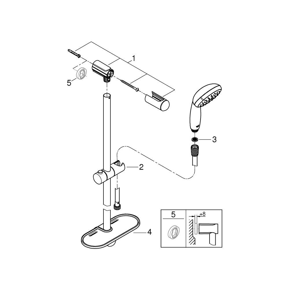 Душевой гарнитур GROHE Tempesta 100 с мыльницей, 2 режима струи, душевая штанга 600 мм, 5,7 л/мин, хром/белый (27926001)