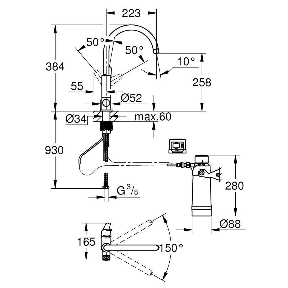 Смеситель для кухонной мойки GROHE Blue Pure BauCurve с функцией фильтрации, с фильтром в комплекте, хром (30385000)