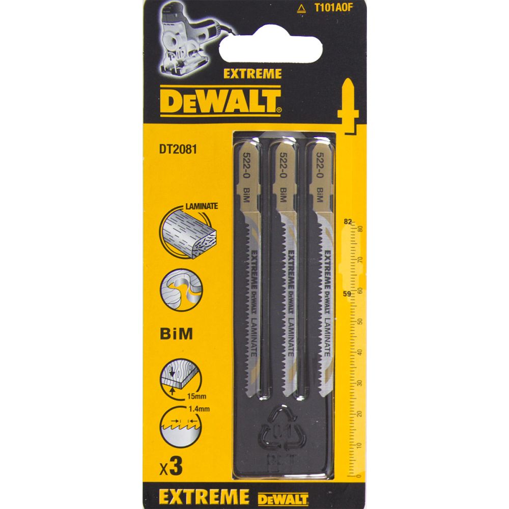 Пилка для лобзика DEWALT DT2081, по ламинату, BiM, 82 x 59 x 1.4 x 15 мм, T101AOF, 3 шт.
