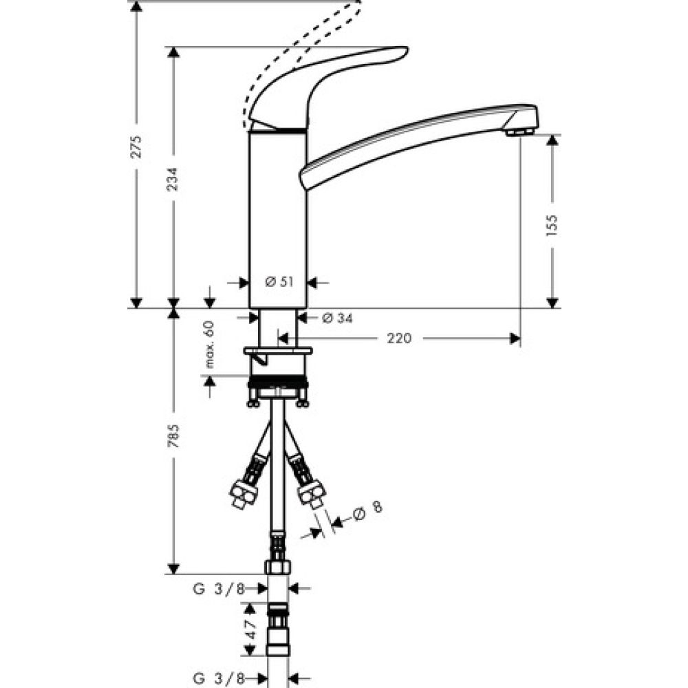 Смеситель для кухонной мойки hansgrohe Focus E 160, для водонагревателей открытого типа 31784000, хром
