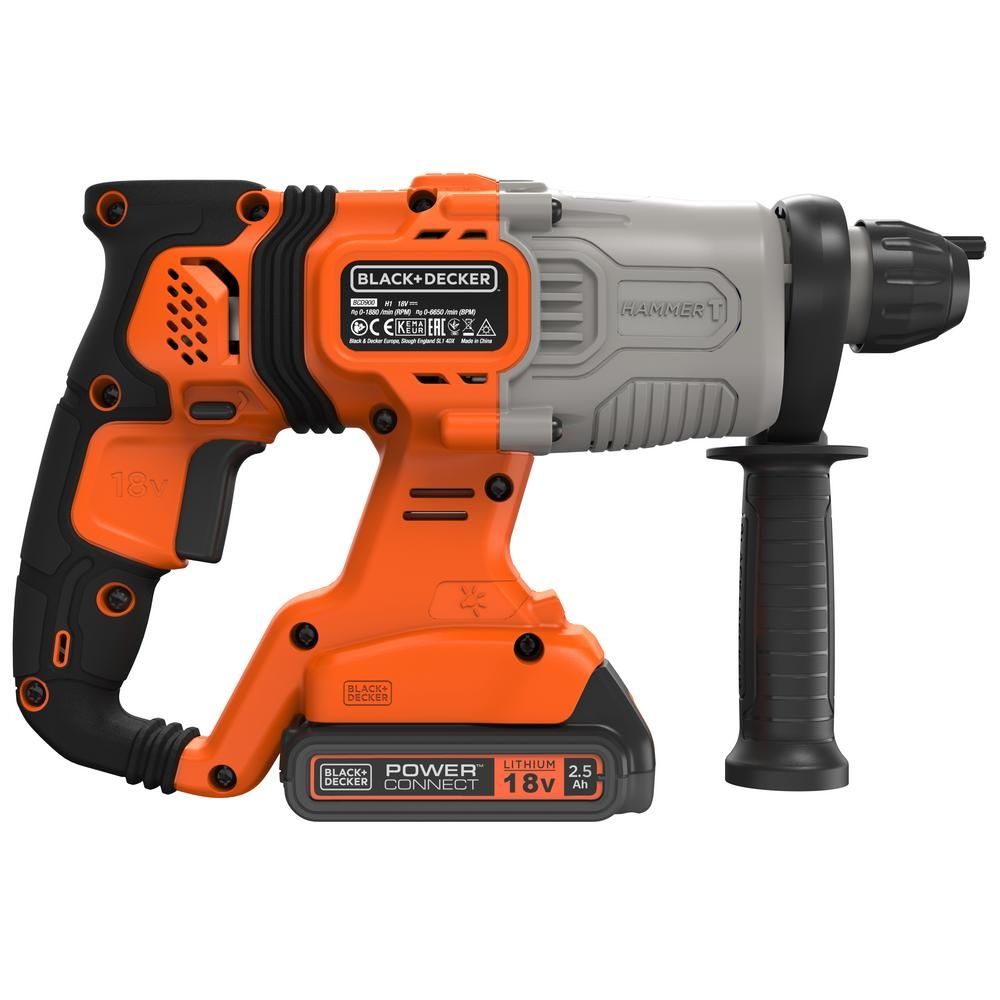 Аккумуляторный перфоратор BLACK+DECKER BCD900E2K, SDS Plus 18В, 6650 уд/мин, 1.2 Дж, 2x2.5 Ач, кейс