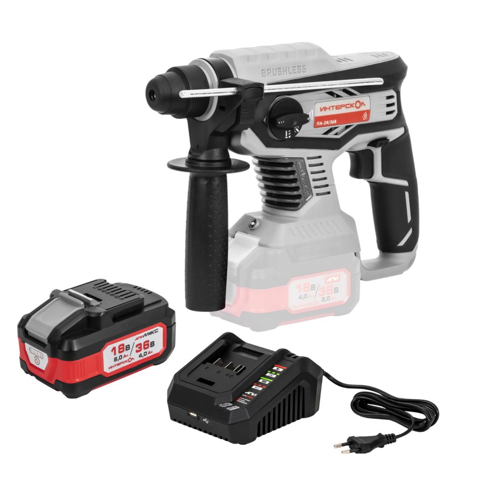 Аккумуляторный перфоратор ИНТЕРСКОЛ ПА-24/36В, 36 В, 2.2 Дж, 5300 уд/мин, с АКБ 4 Ач и ЗУ (823.0.0.70-B4C)