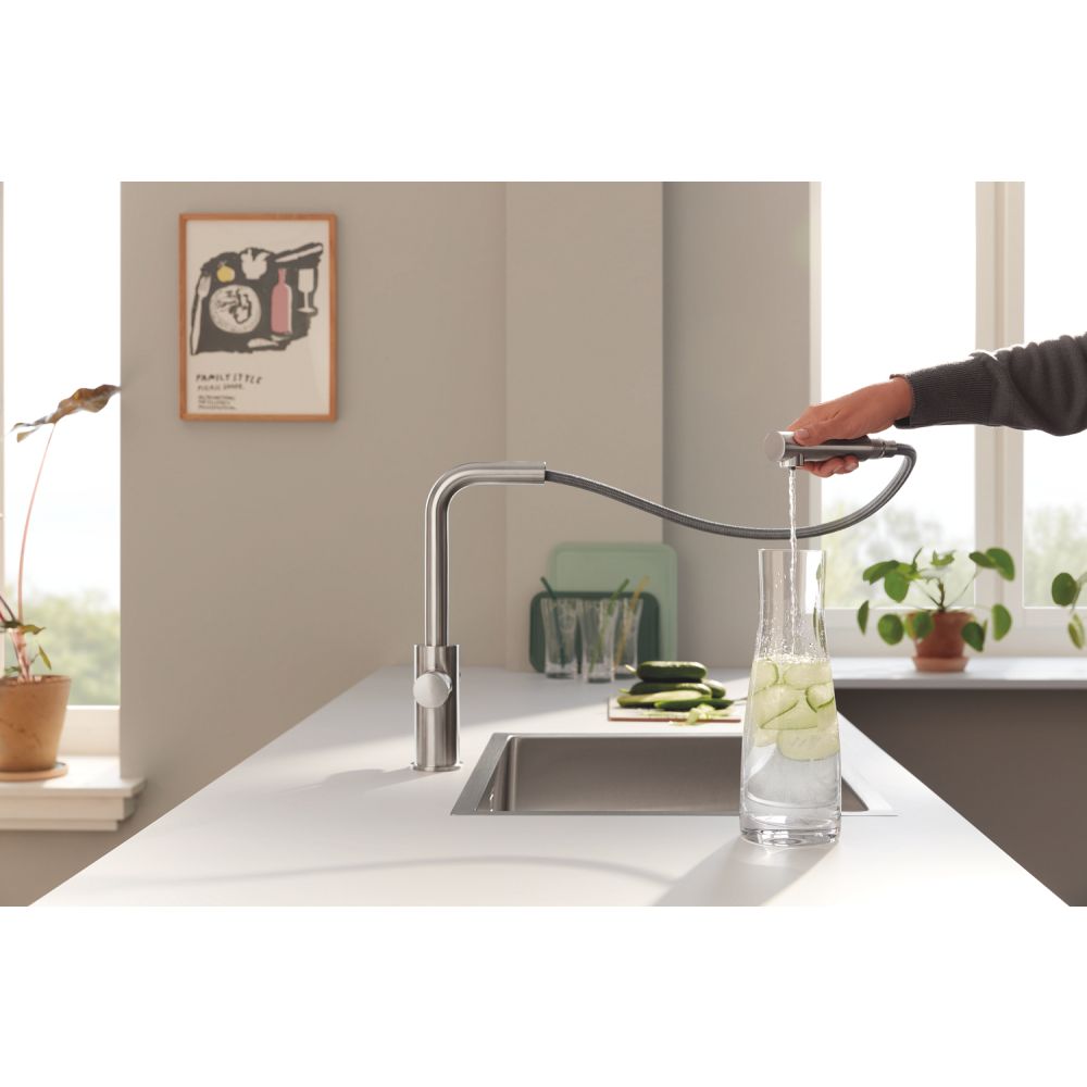 Смеситель для кухни GROHE Blue Pure Minta c вытяжным изливом и фильтрацией, суперсталь (30590DC0)