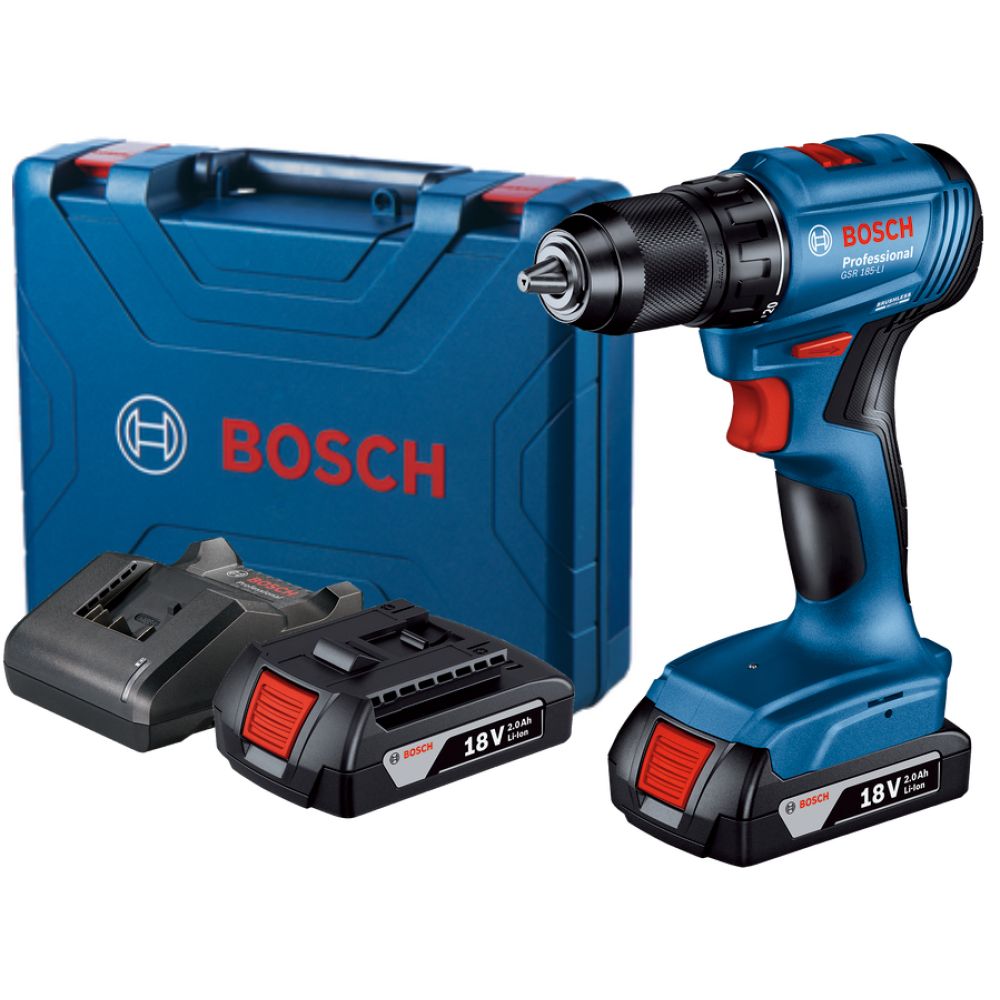 Аккумуляторная дрель-шуруповерт Bosch GSR 185-LI, 18 В, 1900 об/мин, с 2 АКБ 2 Ач и ЗУ, в кейсе (0.601.9K3.000)