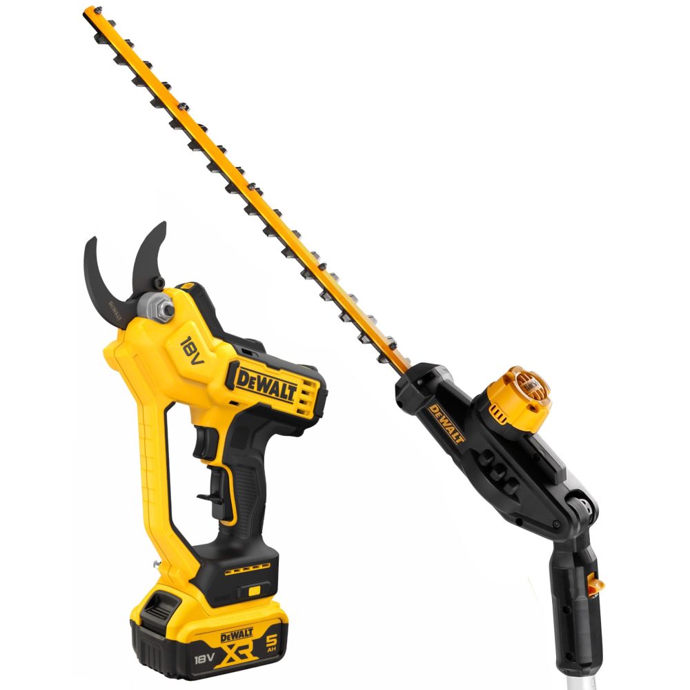 Аккумуляторный набор садовой техники DEWALT, 18 В: кусторез-высоторез DCMPH566 + секатор DCMPP568, с АКБ 5 Ач и ЗУ