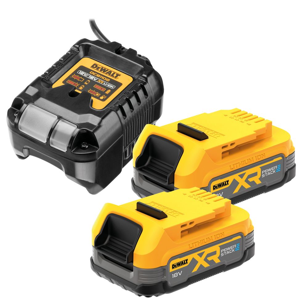 Набор DEWALT DCB1102E2: 2 АКБ POWERSTACK DCBP034, Li-Ion, 18 В, 1.7 Ач и зарядное устройство DCB1102, 18 В, 2 A (DCB1102E2-QW)