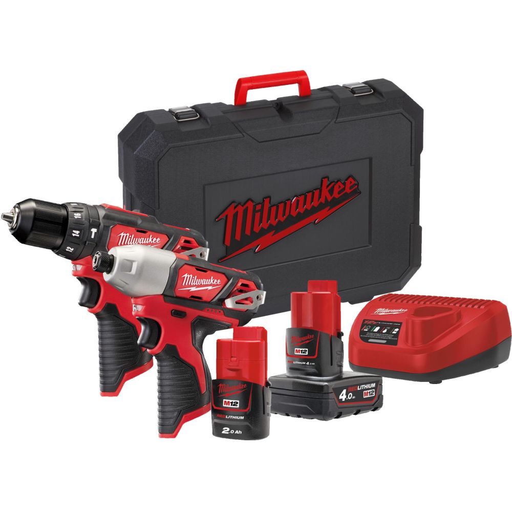 Набор: аккумуляторные дрель-шуруповерт и гайковерт Milwaukee M12 BPP2B-421C 4933443497, с 2 АКБ 4 и 2 Ач и ЗУ, в кейсе