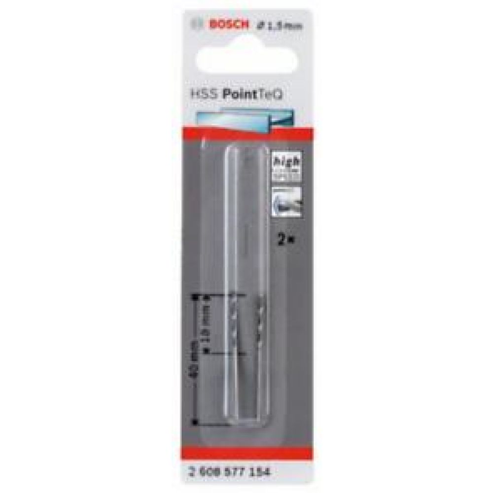 Сверло по металлу Bosch PointTec, спиральное, 1.5 мм, 2 штуки, 2608577154