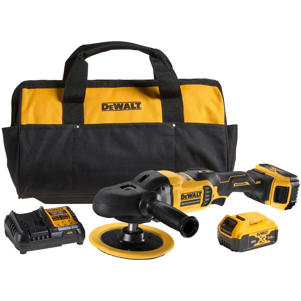 Аккумуляторная полировальная машина DEWALT DCM849P2, 18 В, 2200 об/мин, с 2 АКБ 5 Ач и ЗУ, в сумке (DCM849P2-QW)
