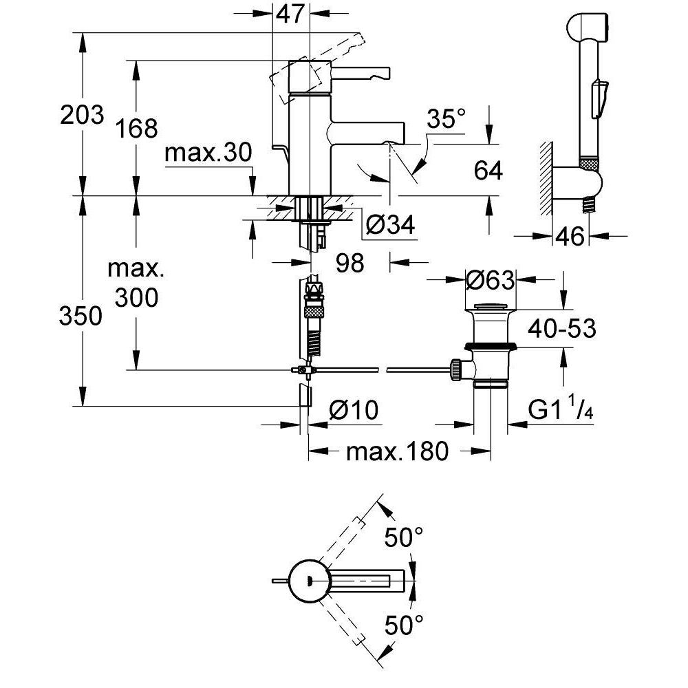 Смеситель для раковины GROHE Essence с донным клапаном и гигиеническим душем, S-size, хром (32535000/U), уцененный товар