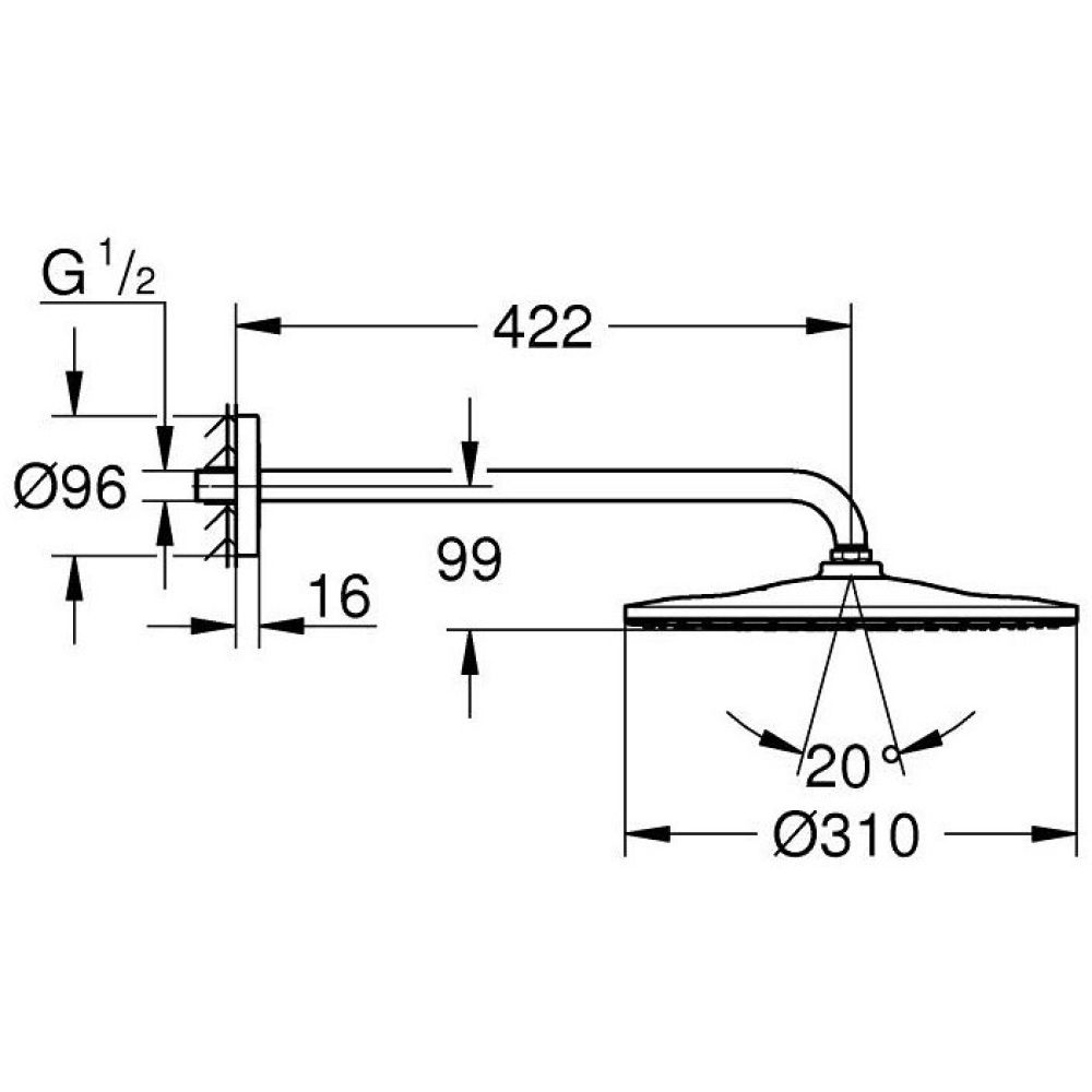 Верхний душ GROHE Rainshower Mono 310, 9,5 л/мин, 1 режим, 422 мм, фантомный черный (22121KF0)