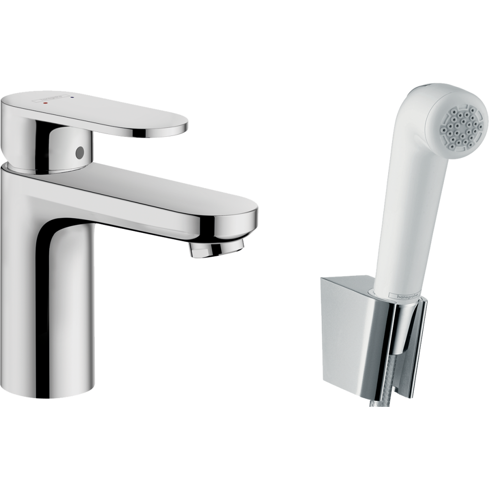 Смеситель для раковины hansgrohe Vernis Blend 100 без сливного гарнитура, с гигиеническим душем 71215000, хром