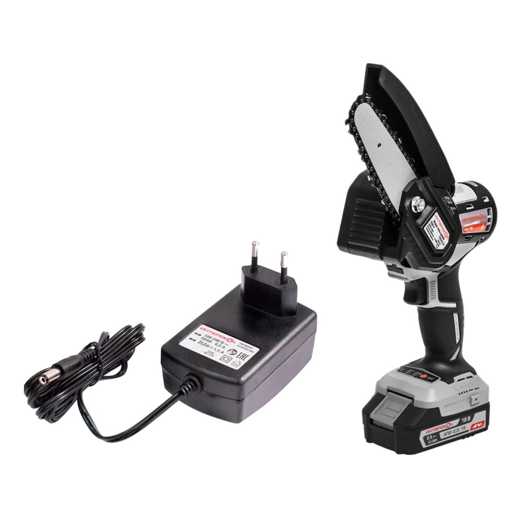 Аккумуляторная цепная пила ИНТЕРСКОЛ ПЦА-4 МультиМАКС18, 18 В, 10 см, с АКБ 2.5 Ач и ЗУ (755.1.3.48)