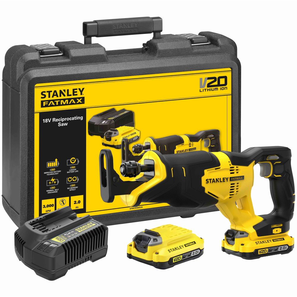 Аккумуляторная сабельная пила STANLEY FATMAX SFMCS300D2K, 18 В, 3000 ход/мин, 25.4 мм, с 2 АКБ 2 Ач и ЗУ, в кейсе (SFMCS300D2K-QW)