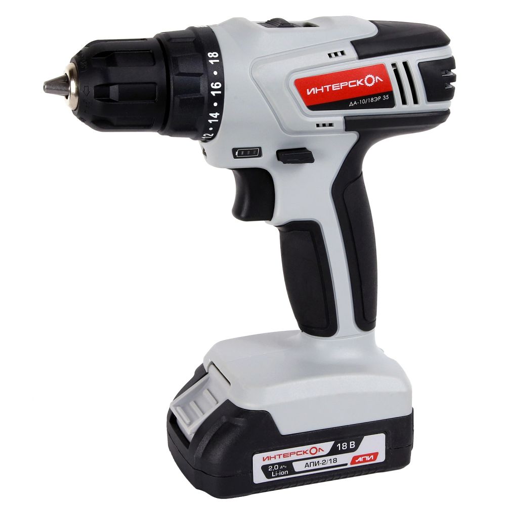 Дрель-шуруповерт ИНТЕРСКОЛ ДА-10/18ЭР 35, 18 В, 1450 об/мин, с 2 АКБ 2 Ач и ЗУ, в кейсе (518.2.2.20)