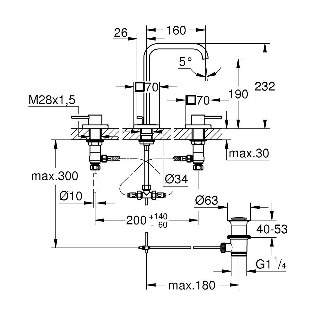 Смеситель для раковины GROHE Allure двухвентильный на 3 отверстия, с донным клапаном, хром (20188000)
