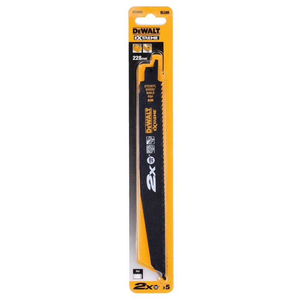Полотно DEWALT DT2307L, по дереву с гвоздями для сабельных пил биметаллическое, BiM, 228 x 4.2 мм, S1110VF, 5 шт.