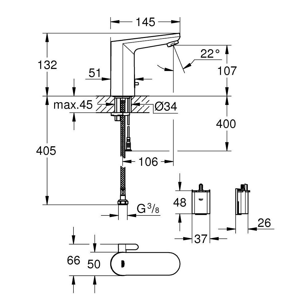 Смеситель для раковины GROHE Eurosmart Cosmopolitan E инфракрасный, M-size, хром (36327002)