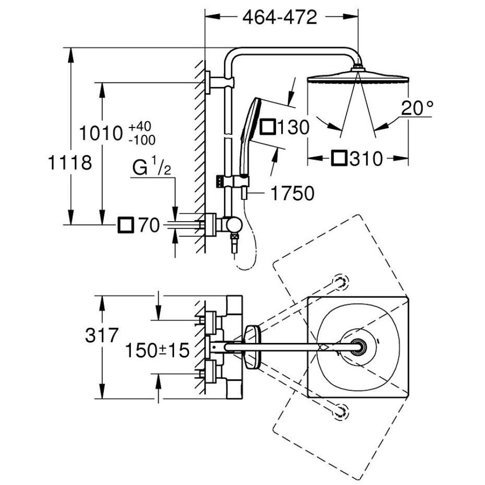 Душевая система GROHE Rainshower SmartActive 310 Cube с термостатом для душа, суперсталь (26837DC0)