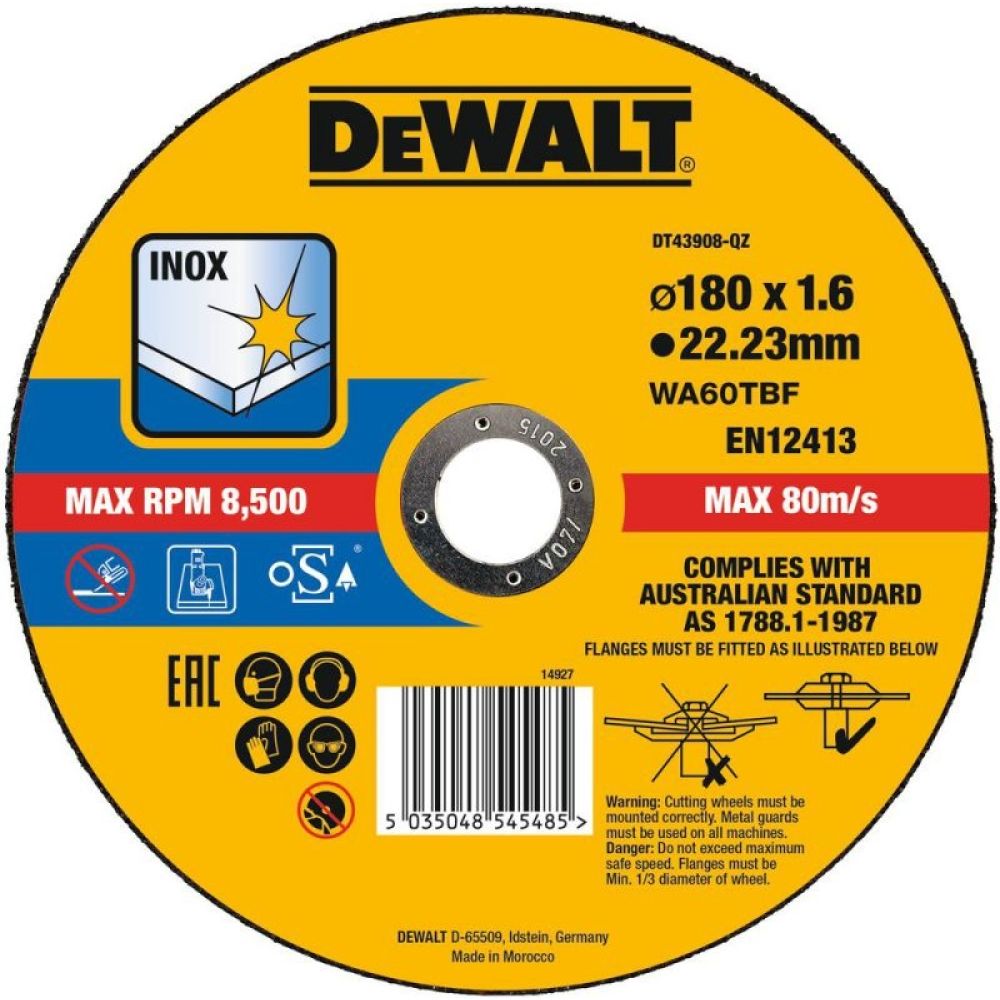 Круг отрезной, высокий ресурс 180x22.2x1.6мм тип 41 DEWALT DT43908