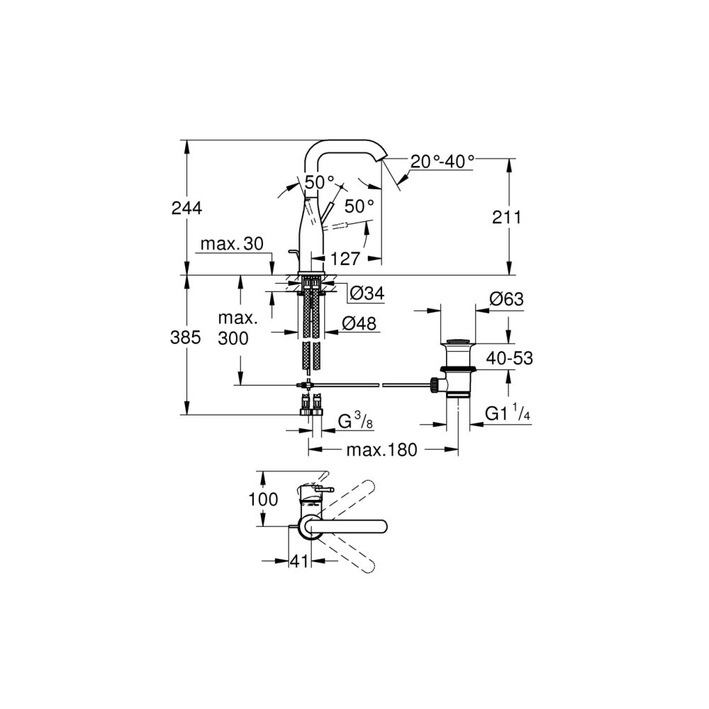 Смеситель для раковины GROHE Essence с донным клапаном, L-size, темный графит матовый (32628AL1)