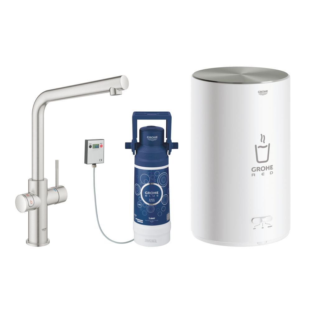 Комплект для кухни GROHE Red Duo с L-образным смесителем, бойлером M-Size и фильтром, суперсталь (30327DC1)