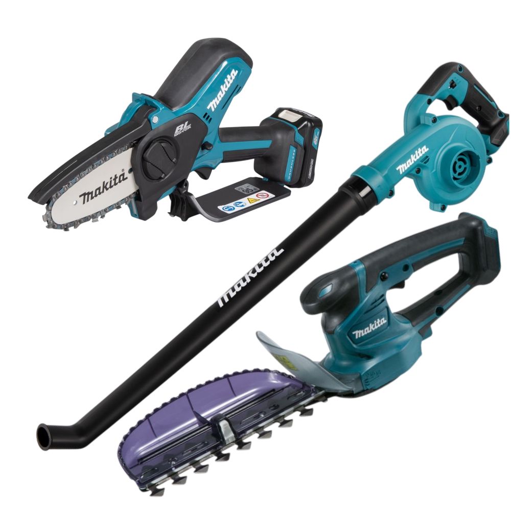 Аккумуляторный набор садовой техники Makita, 12 В: цепная пила UC100 + кусторез UH201 + воздуходув UB101, с АКБ 2 Ач и ЗУ