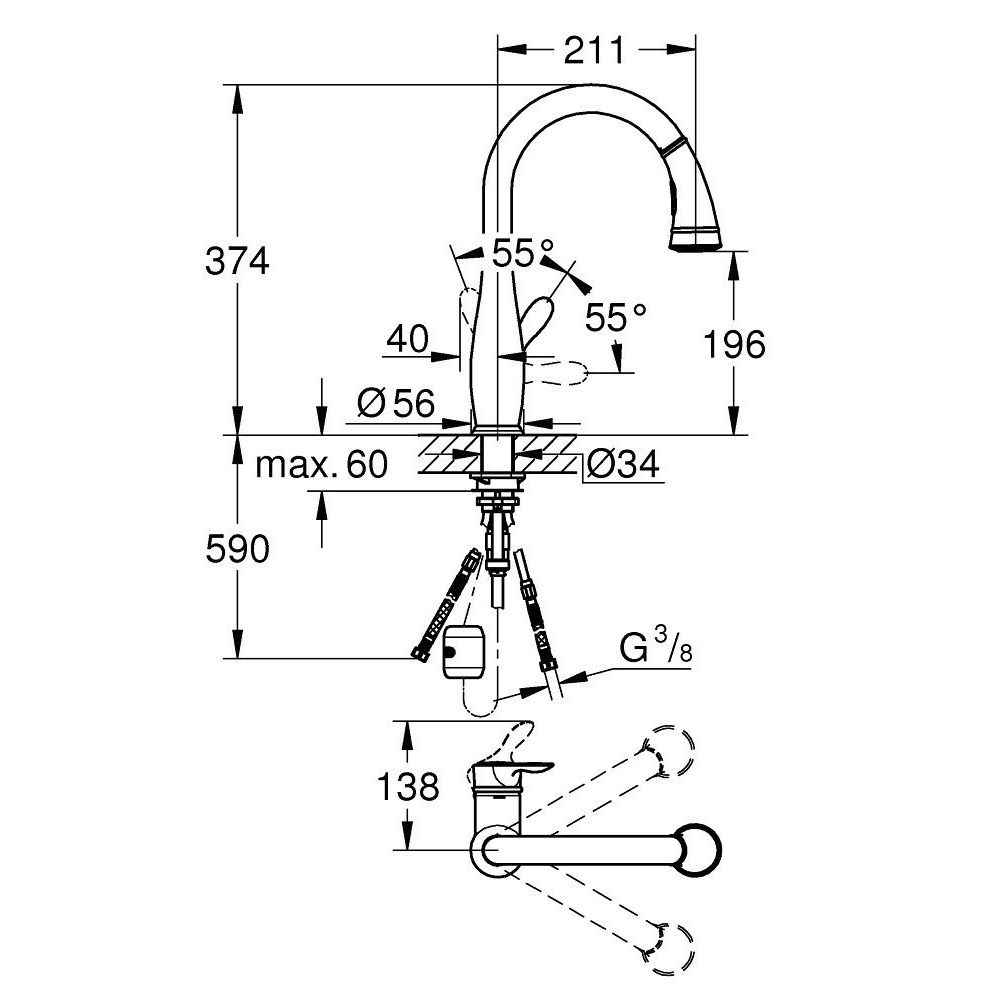 Смеситель для кухни GROHE Parkfield с вытяжным изливом, суперсталь (30215DC1)