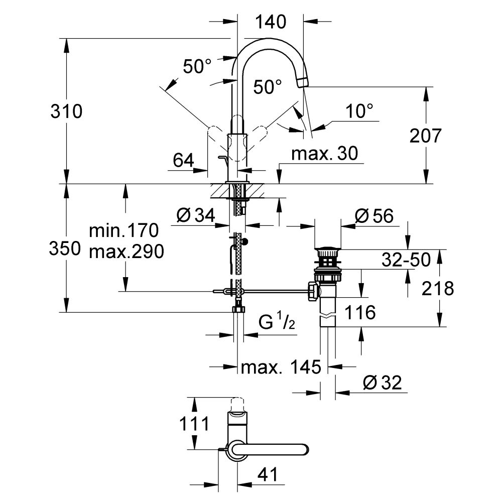 Смеситель для раковины GROHE BauEdge, L-size, хром (23093000)