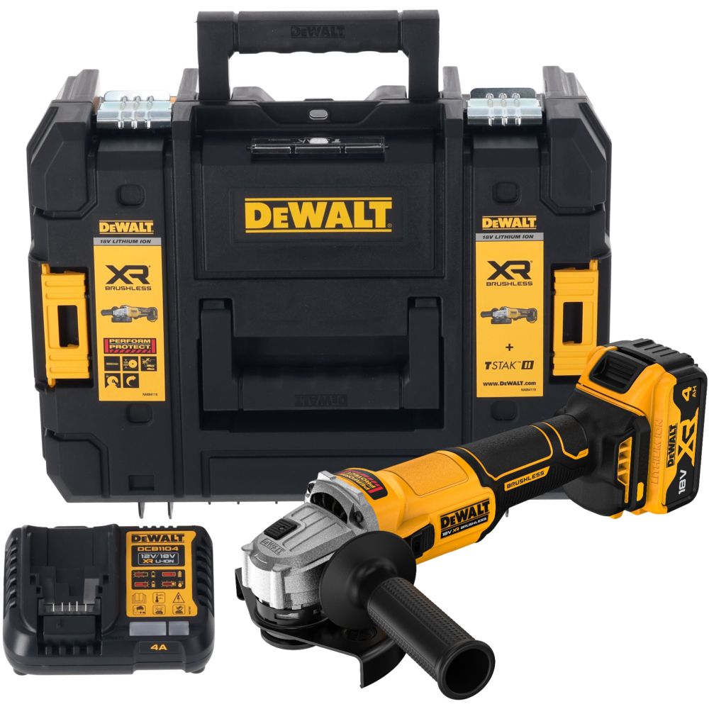 Аккумуляторная угловая шлифмашина DEWALT DCG407M1T, 18 В, 125 мм, 9000 об/мин, с 1 АКБ 4 Ач и ЗУ, в кейсе TSTAK (DCG407M1T-QW)