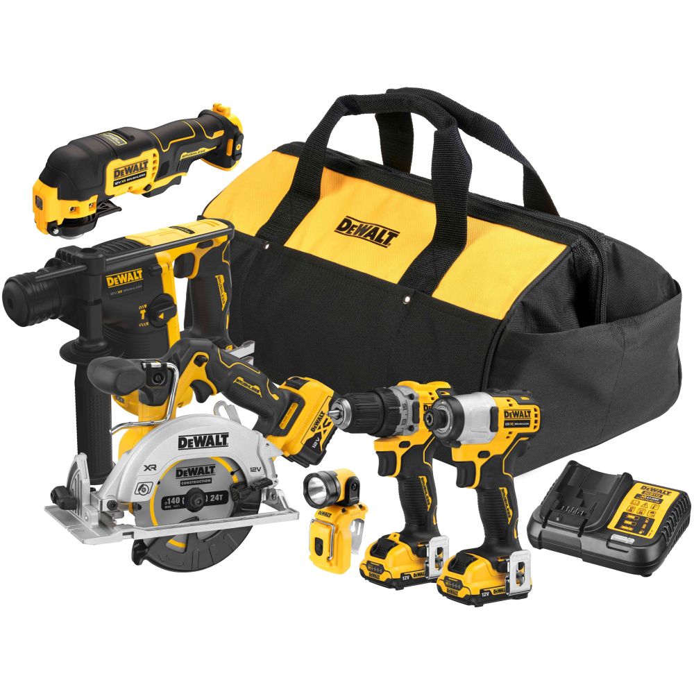 Аккумуляторный набор DEWALT DCK611P1D2, 12 В: дрель + шуруповерт + перфоратор + пила + реноватор + фонарь, с 3 АКБ и ЗУ, в сумке