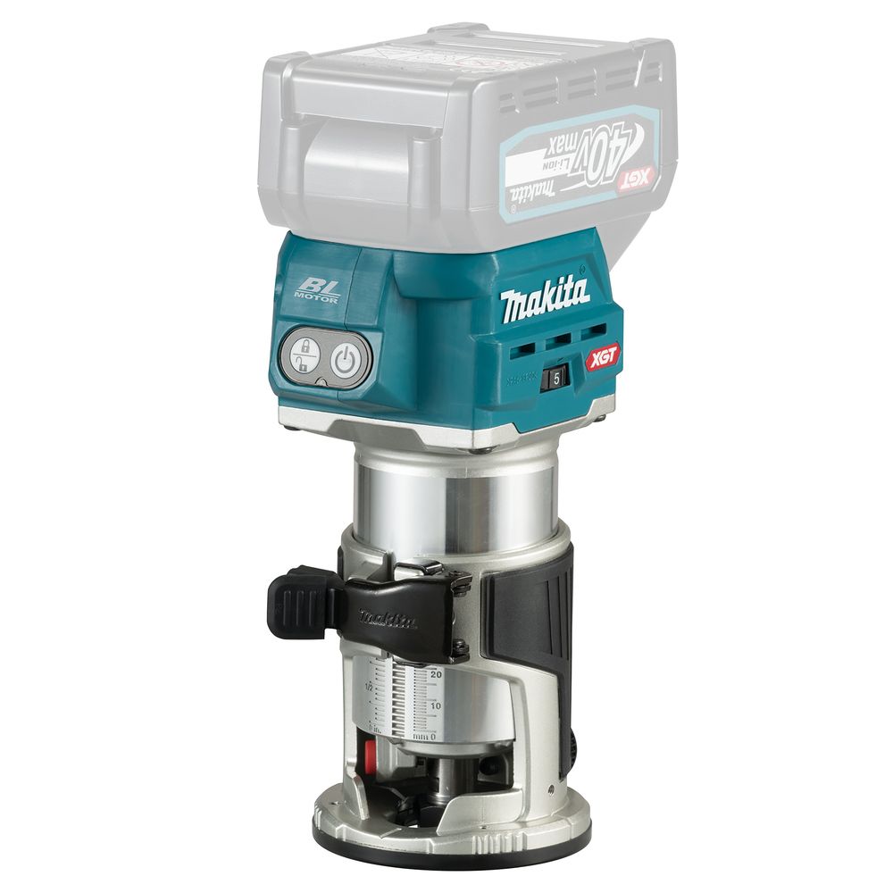 Набор Makita: аккумуляторный кромочный фрезер RT001GZ19, 31000 об/мин + аккумулятор BL4040, 40 В, 4 Ач + быстрое зарядное устройство DC40RA, PT993