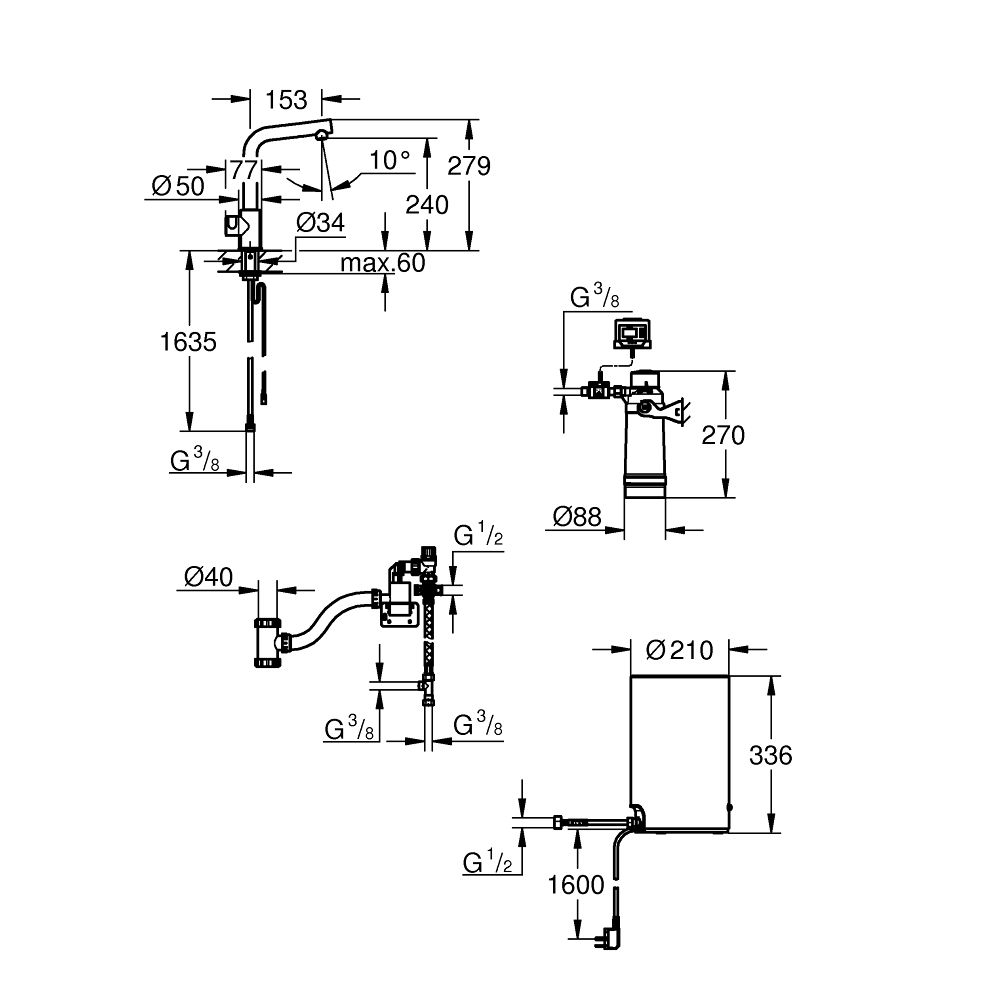 Комплект для кухни GROHE Red Mono с L-образным вентилем, бойлером M-Size и фильтром, суперсталь (30339DC1)