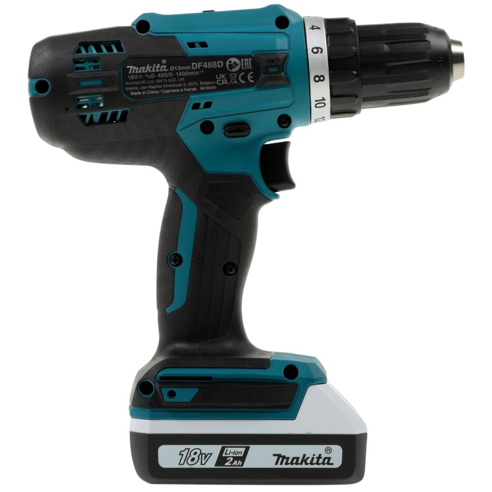 Аккумуляторная дрель-шуруповерт Makita, 18 В, 1400 об/мин, с 2 АКБ 2 Ач и ЗУ, в кейсе, DF488D004