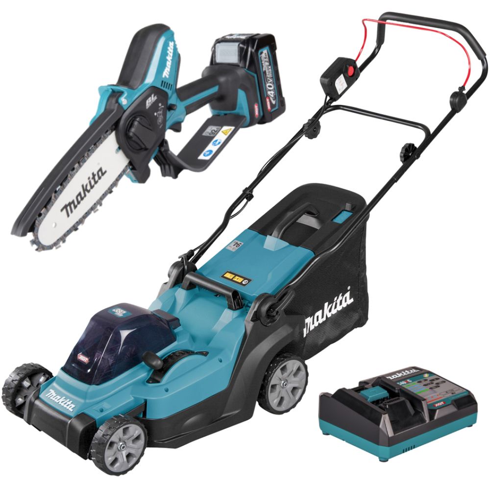 Набор аккумуляторной садовой техники Makita PT1475, 40 В: газонокосилка LM003G + цепная пила UC029G, с АКБ 2.5 Ач и ЗУ