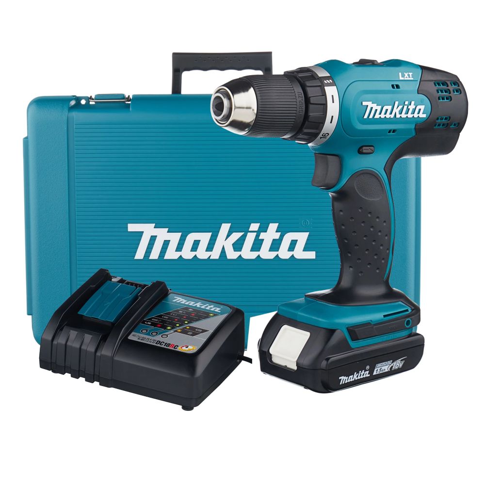 Набор Makita: аккумуляторная дрель-шуруповерт DDF453SYE, 18 В, 42 Нм, 1300 об/мин, с 2 АКБ 1.5 Ач и ЗУ, в кейсе + набор бит E-03084, 31 шт., PT1041