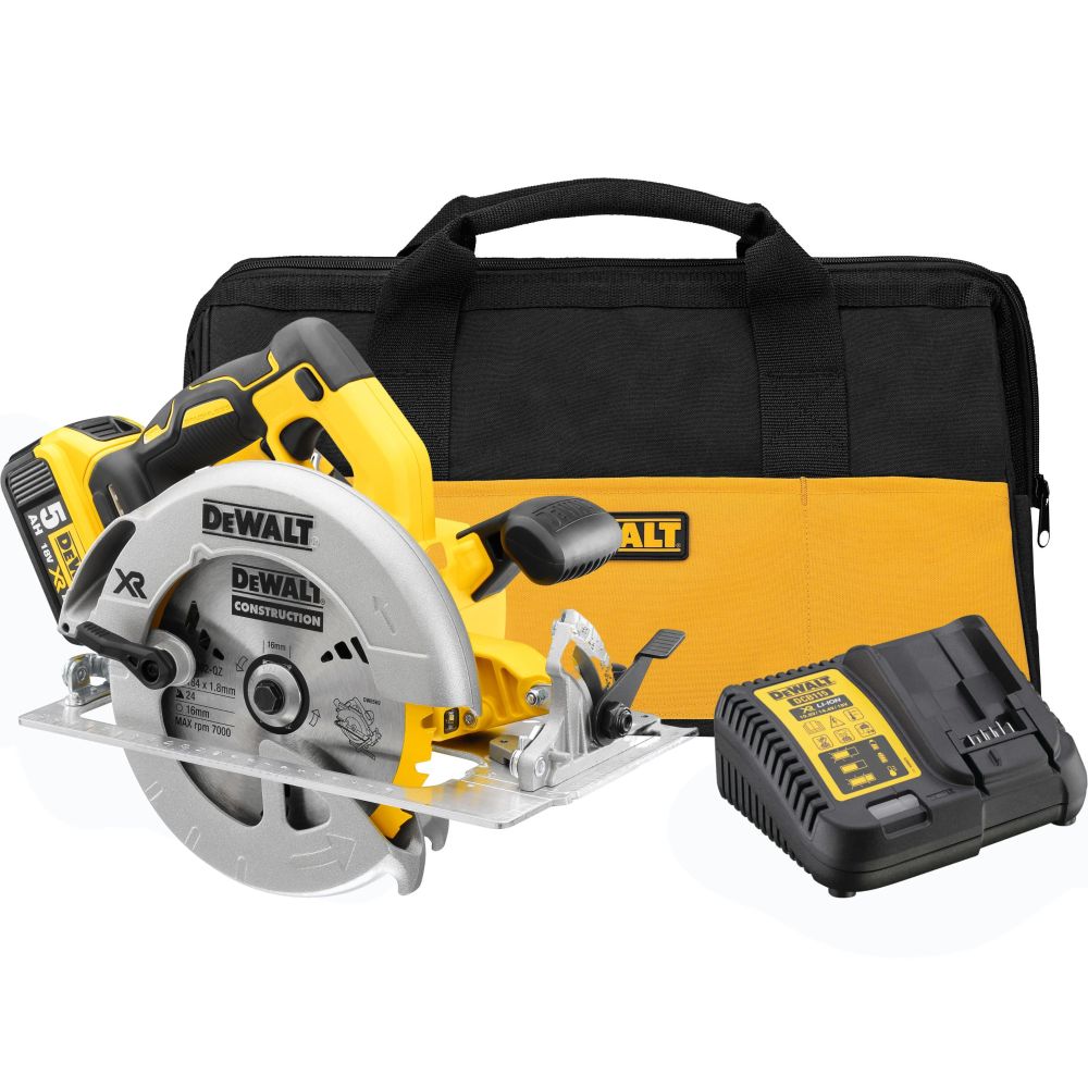 Аккумуляторная дисковая пила DEWALT DCS570P1, 18 В, 184 мм, 5500 об/мин, с АКБ 5 Ач и ЗУ, в сумке (DCS570P1-QW)