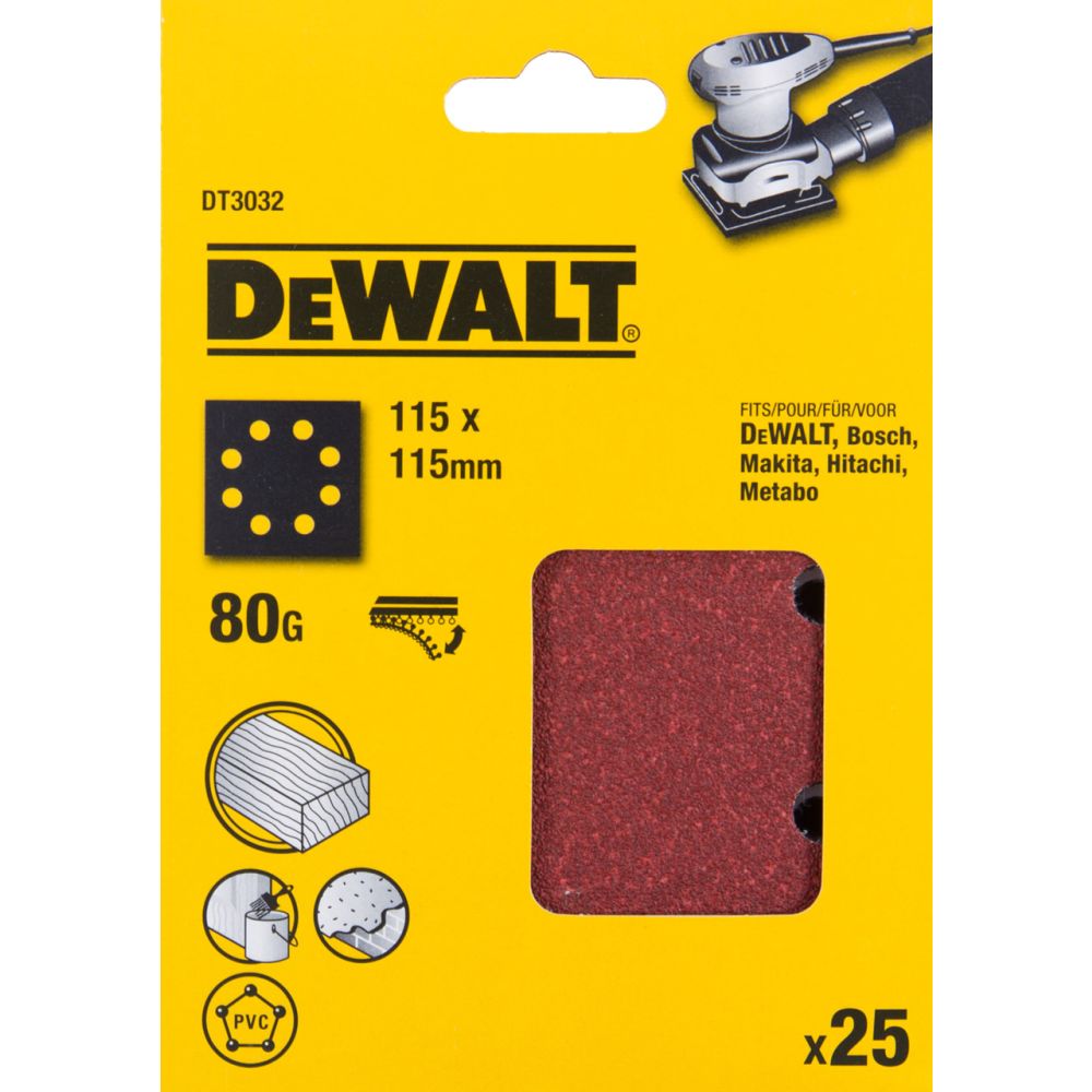 Шлифлисты перфорированные DEWALT DT3032, 115 x 115 мм, 80G, 25 шт.