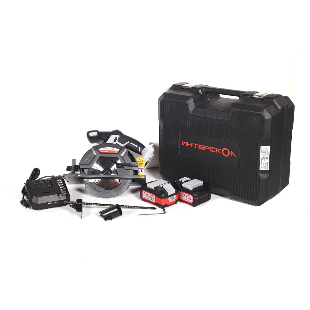 Аккумуляторная дисковая пила ИНТЕРСКОЛ ДПА-165/36В, 36 В, 165 мм, 5000 об/мин, с 2 АКБ 2 Ач и ЗУ, в кейсе (817.2.2.70)