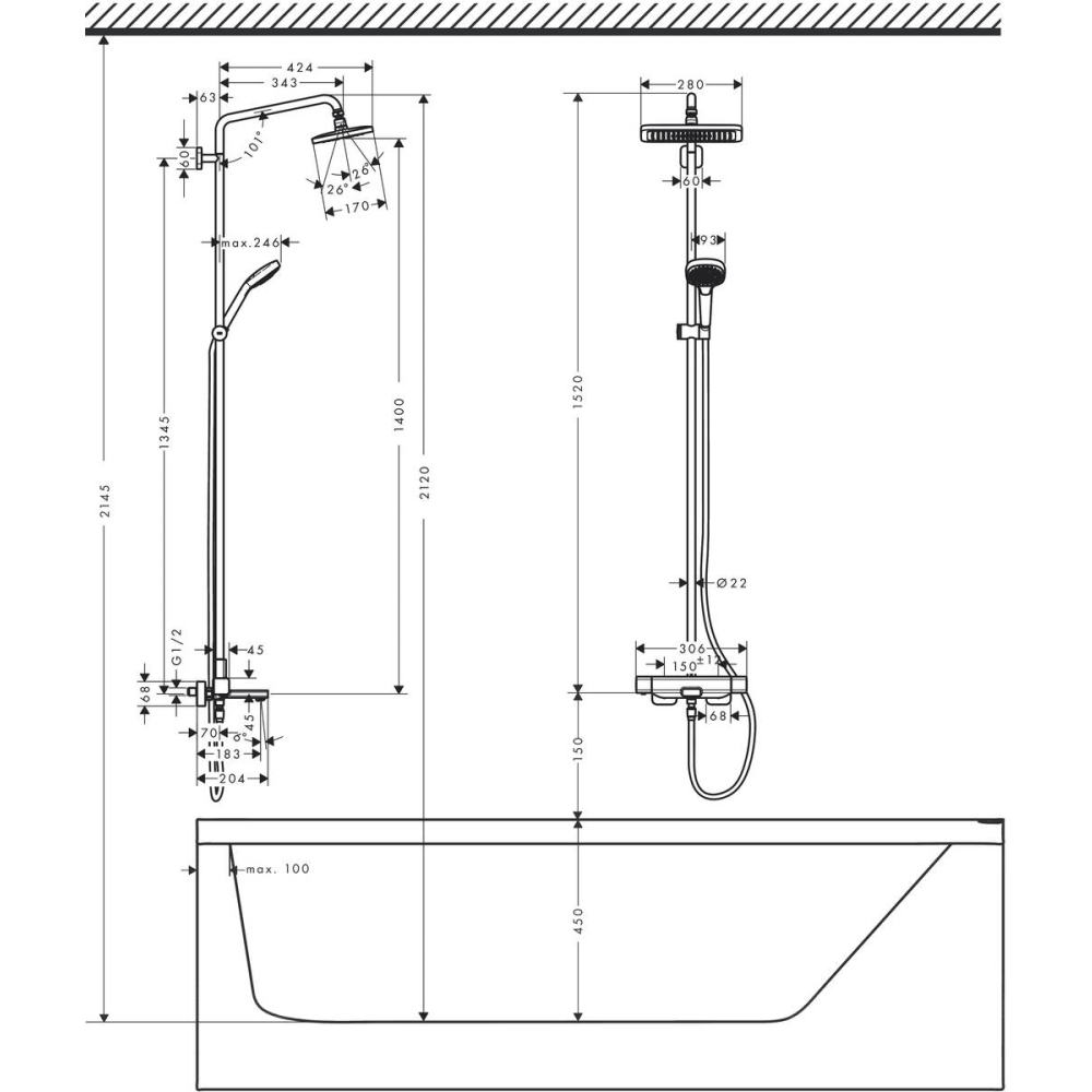 Душевая система hansgrohe Croma E 280 1jet с термостатом для ванны 27687000, хром