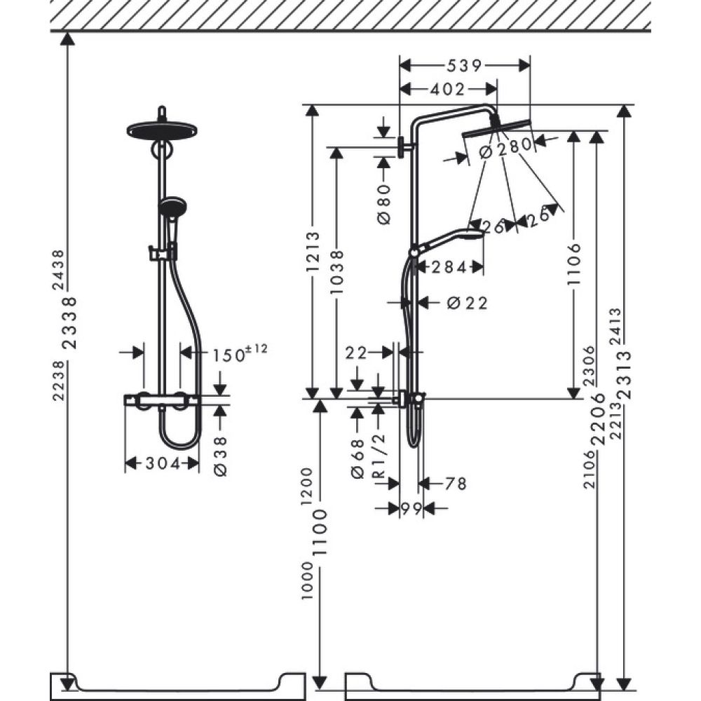 Душевая система hansgrohe Croma Select S 280 1jet с термостатом 26790000, хром