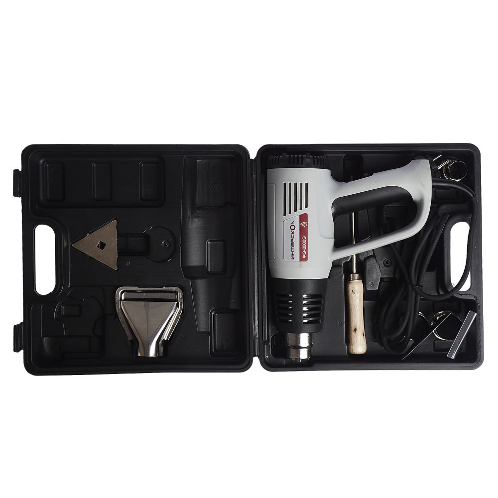 Строительный фен ИНТЕРСКОЛ ФЭ-2000Э, 2000 Вт, 600°С, 500 л/мин, кейс, 4 насадки, 192.0.1.00