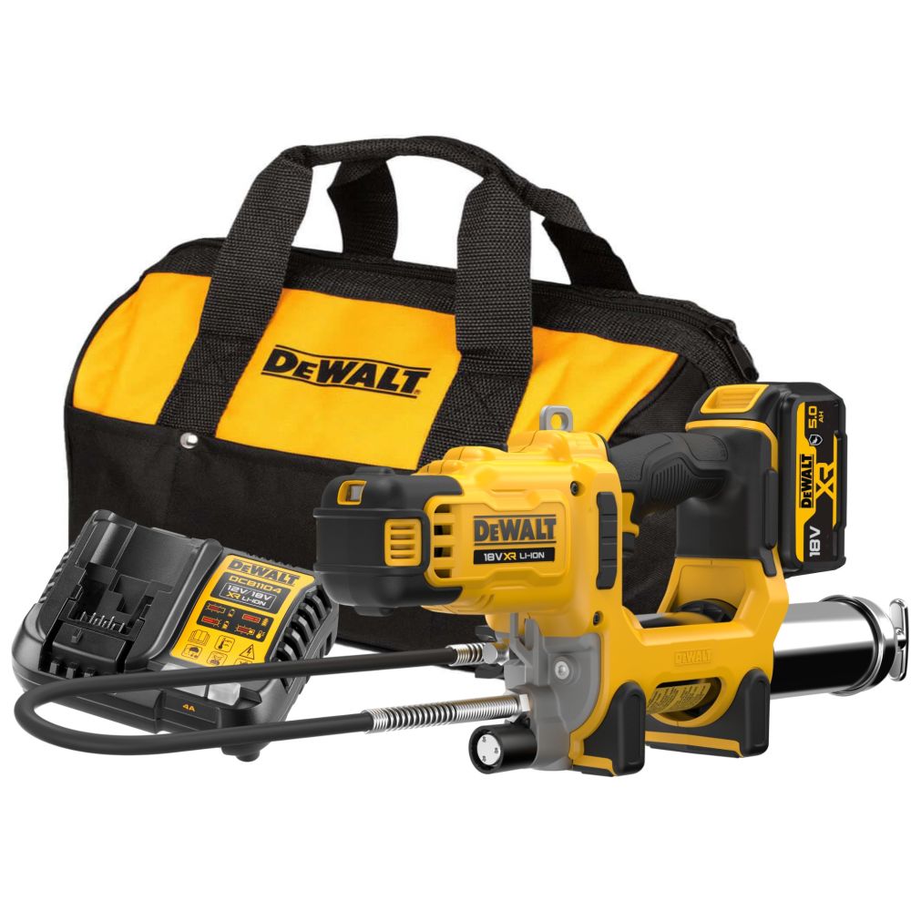 Аккумуляторный смазочный пистолет DEWALT DCGG581P1G, 18 В, 690 бар, с АКБ 5 Ач и ЗУ, в сумке (DCGG581P1G-QW)
