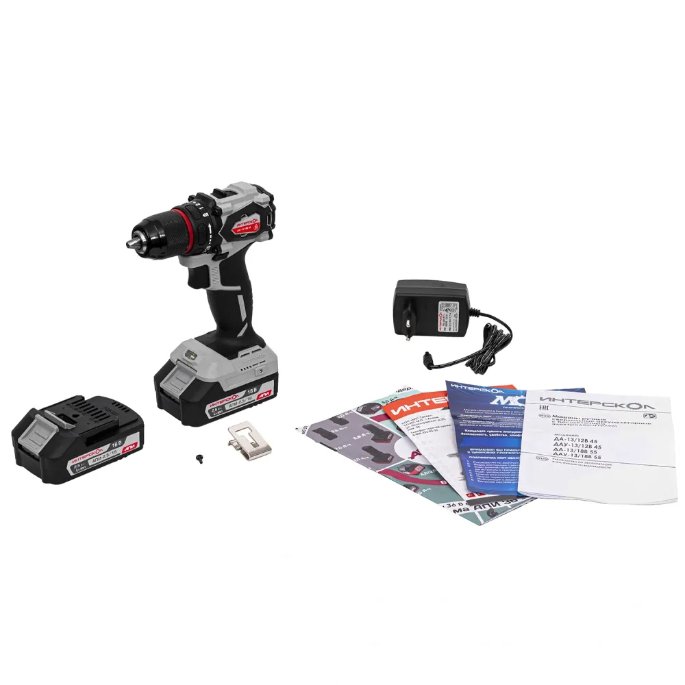 Аккумуляторная дрель-шуруповерт ИНТЕРСКОЛ ДА-13/18В 55, 18 В, 1850 об/мин, с 2 АКБ 2.5 Ач и ЗУ, в кейсе (952.2.2.70)