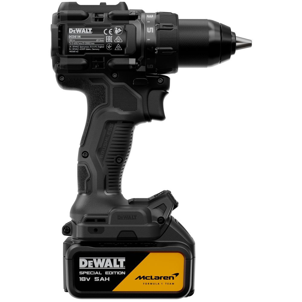 Аккумуляторная дрель-шуруповерт DEWALT McLaren Limited Edition DCD81MP2T, 18 В, 2000 об/мин, с 2 АКБ 5 Ач и ЗУ, в кейсе TSTAK