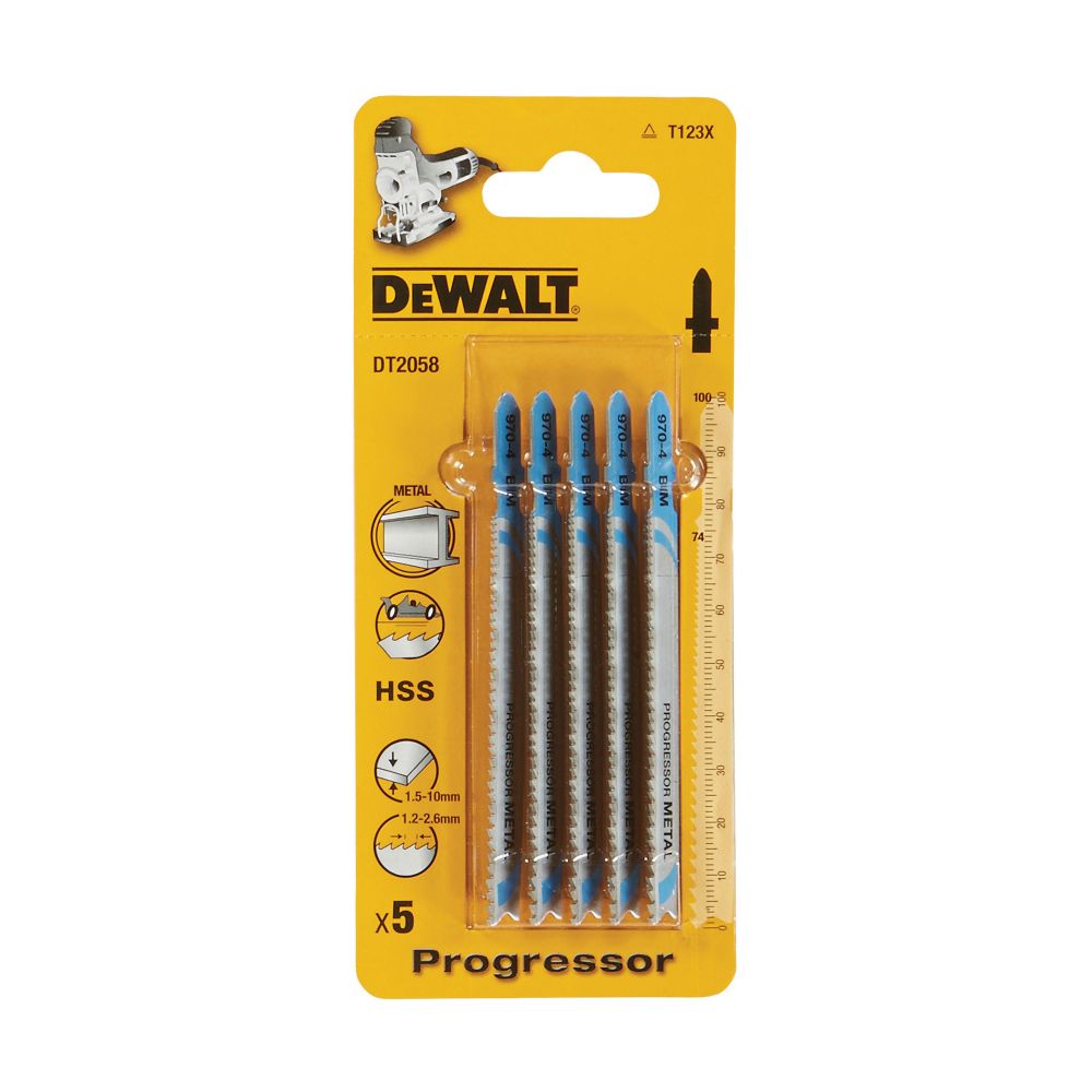 Пилка для лобзика DEWALT DT2058, по металлу HSS 100 x 74 x 1.2-2.6 x 10 мм, T123X, 5 шт.