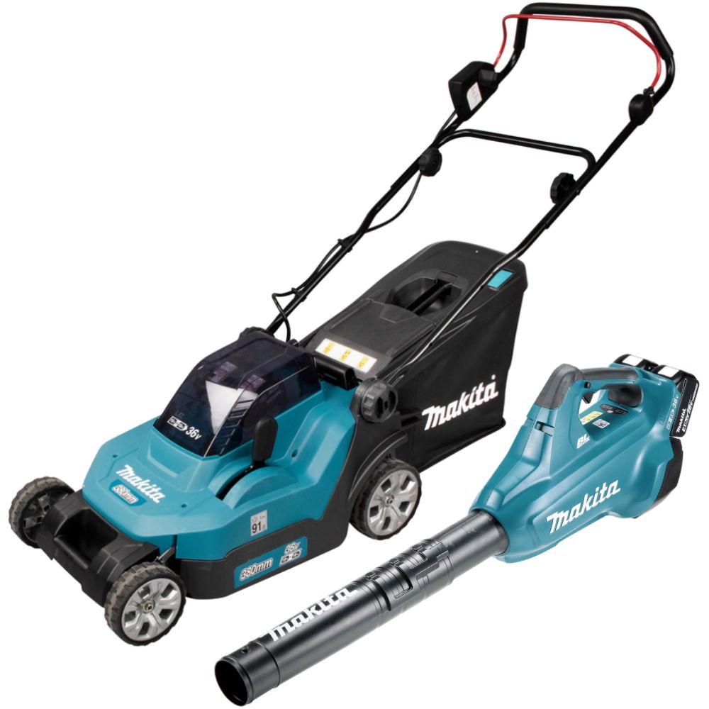 Аккумуляторный набор садовой техники Makita, 18 В: газонокосилка DLM382 + воздуходувка DUB362, с 2 АКБ 4 Ач и ЗУ